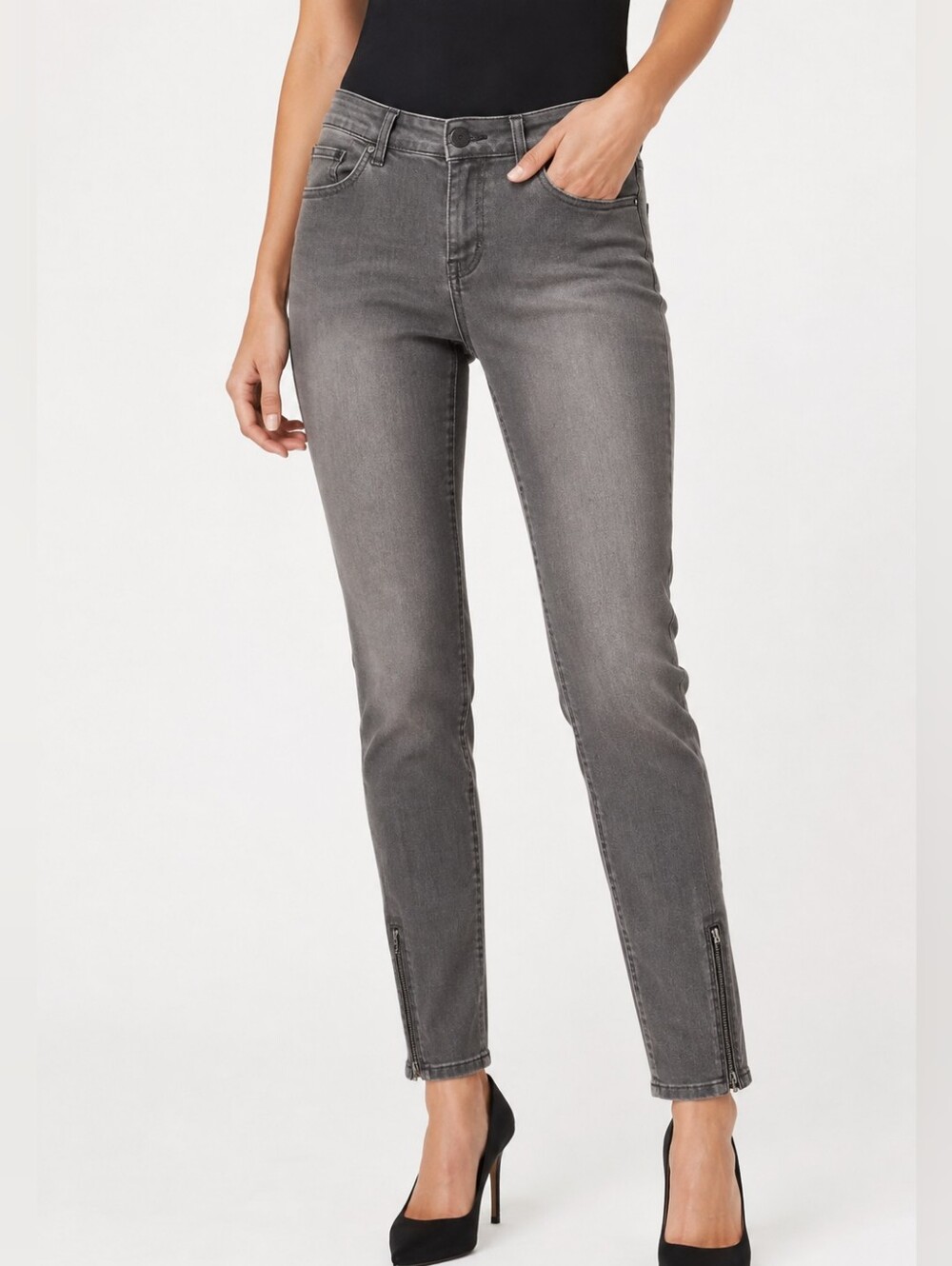 WHBM | Women's Skimmer Gray Washed Denim Zipper-Ankle Jeans